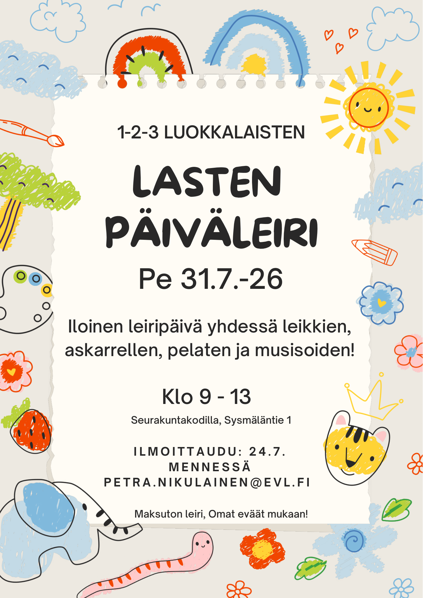 Päiväleirin mainoskuva, jossa mainittu tärkeimmät asiat tapahtuman kuvauksesta
