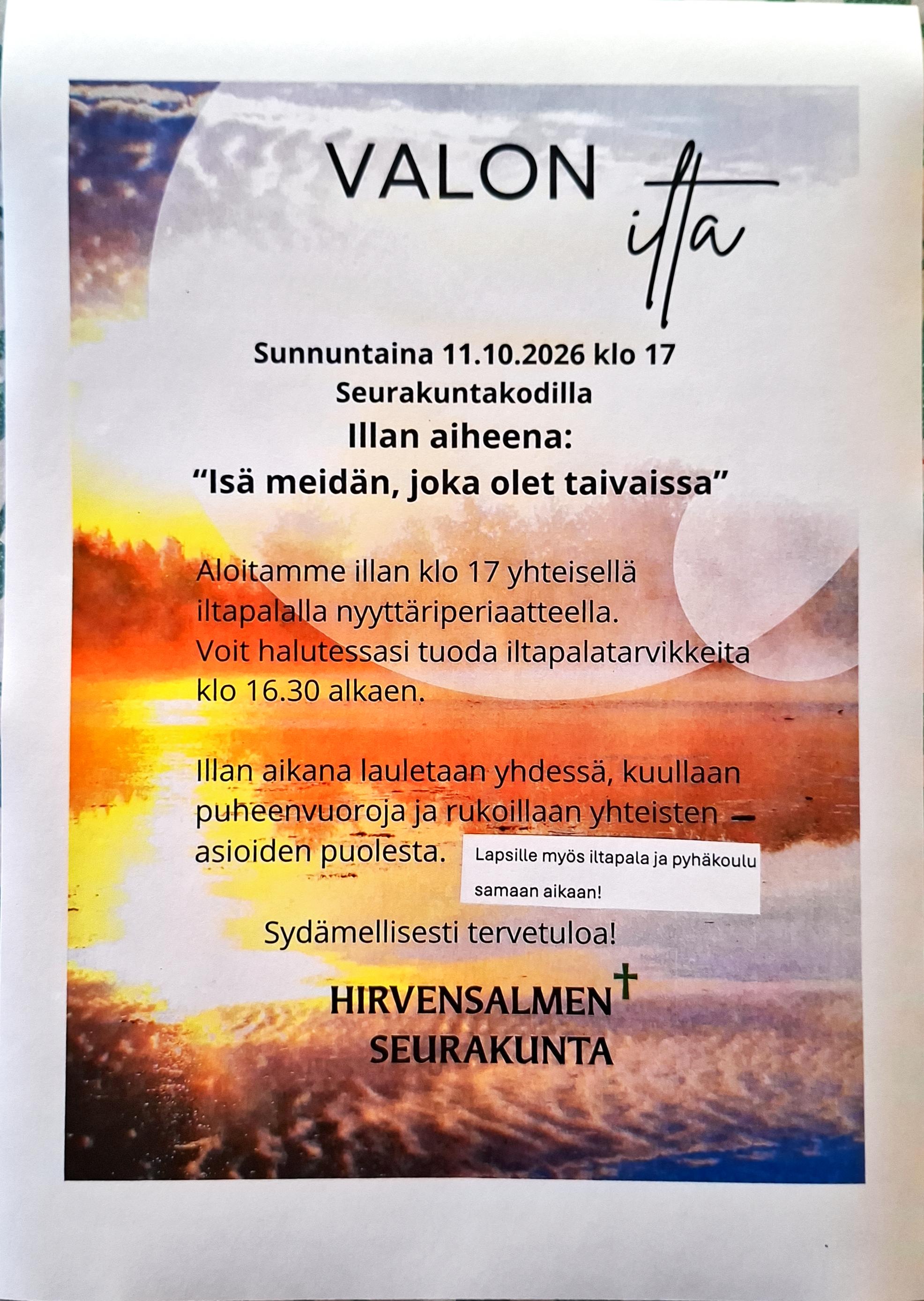 Mainoskuva tekstillä illasta